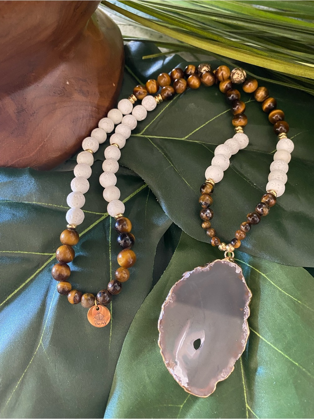 โThe Ark Legacyโ Handmade Beaded Tiger Eye & White Agate Pendant Necklace